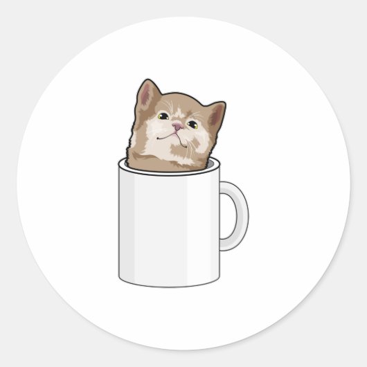 Kat met koffie-mok ronde sticker (Voorkant)
