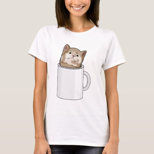 Kat met koffie-mok t-shirt (Voorkant)