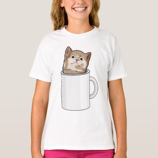 Kat met koffie-mok t-shirt (Voorkant)