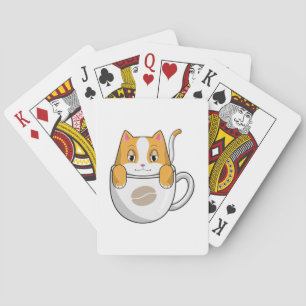Kat met koffiebeker pokerkaarten
