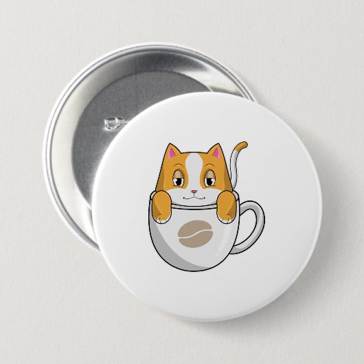Kat met koffiebeker ronde button 7,6 cm (Voorkant /achterkant)