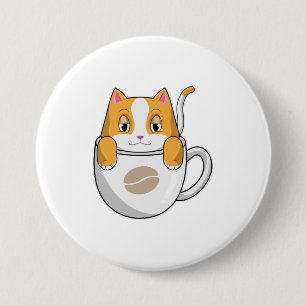 Kat met koffiebeker ronde button 7,6 cm