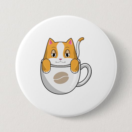 Kat met koffiebeker ronde button 7,6 cm (Voorkant)