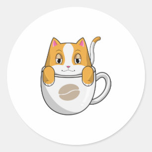 Kat met koffiebeker ronde sticker