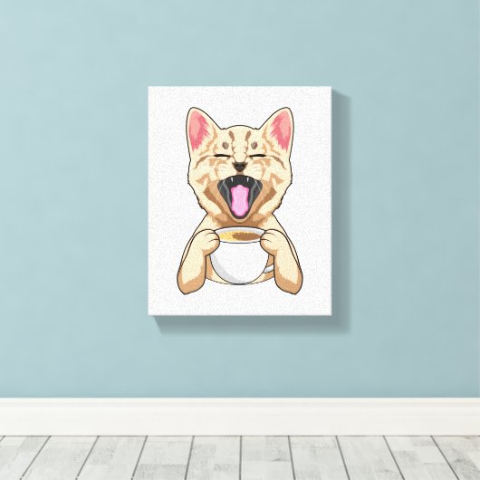 Kat met kop koffie canvas afdruk (Insitu (Houten vloer))