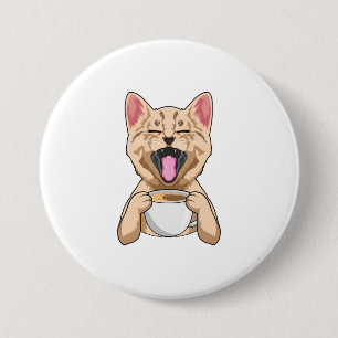 Kat met kop koffie ronde button 7,6 cm