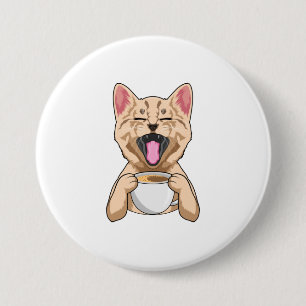 Kat met kop koffie ronde button 7,6 cm