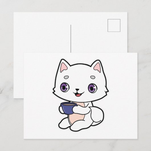 Kat met kopje koffie briefkaart (Voorkant / Achterkant)