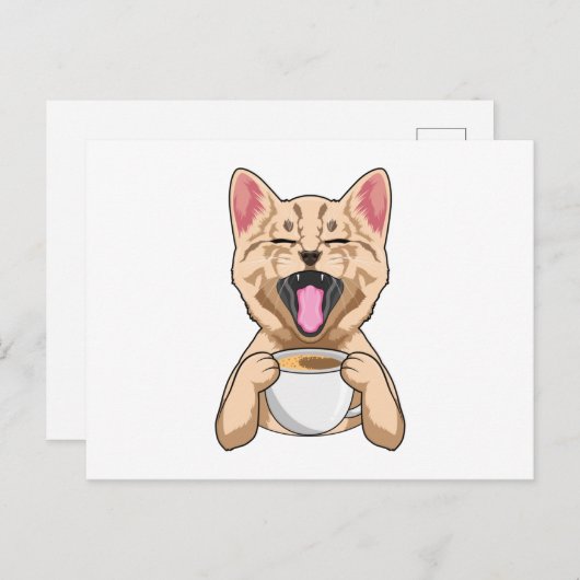 Kat met kopje koffie briefkaart (Voorkant / Achterkant)