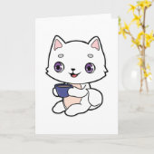 Kat met kopje koffie kaart (Gele Bloem)