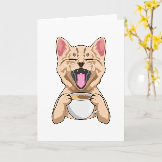 Kat met kopje koffie kaart (Gele Bloem)