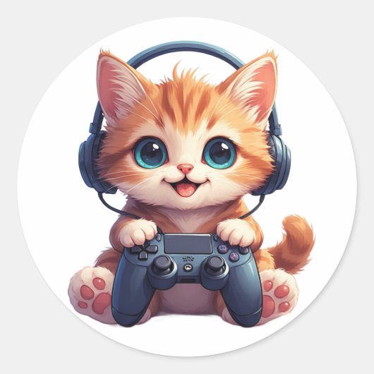 Kat met koptelefoon en controller ronde sticker (Voorkant)