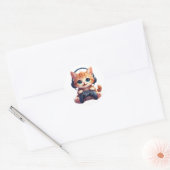 Kat met koptelefoon en controller ronde sticker (Envelop)