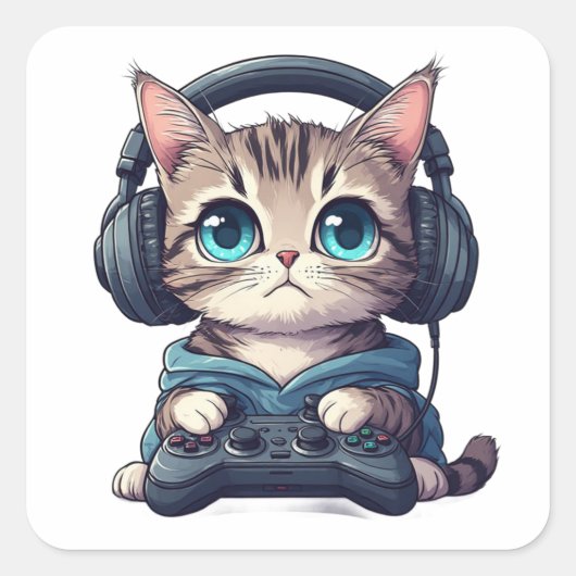 Kat met koptelefoon en controller vierkante sticker (Voorkant)