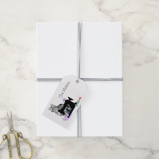 Kat met krammachine cadeaulabel (Met Touw)