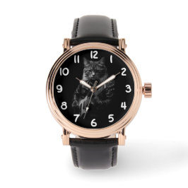 Kat met leer Jas spelen elektrische gitaar Horloge