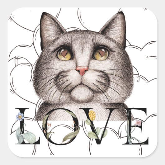 Kat met liefde in zijn ogen vierkante sticker (Voorkant)