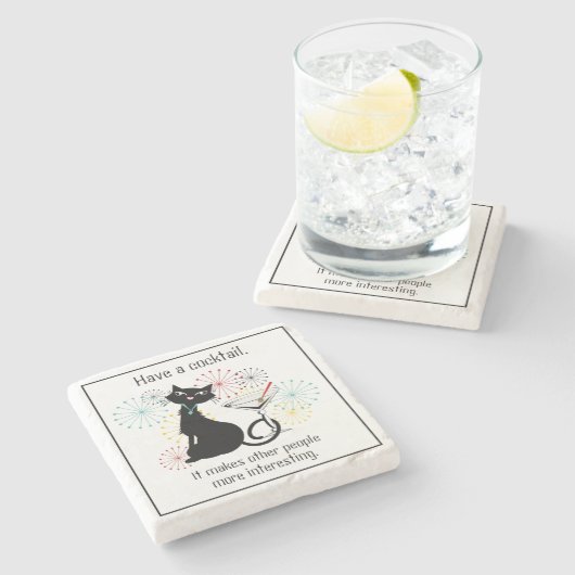 Kat met Martini Glass Stone Onderzetter (Zijkant)