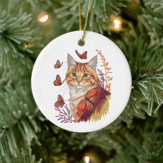 Kat met monarchvlinders keramisch ornament (Boom)
