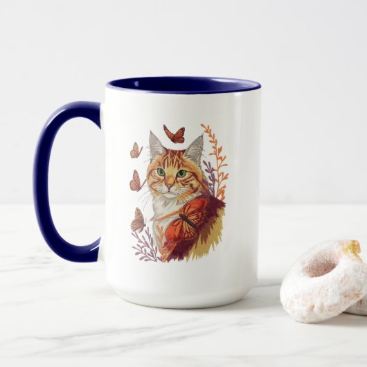 Kat met monarchvlinders mok (Met donut)