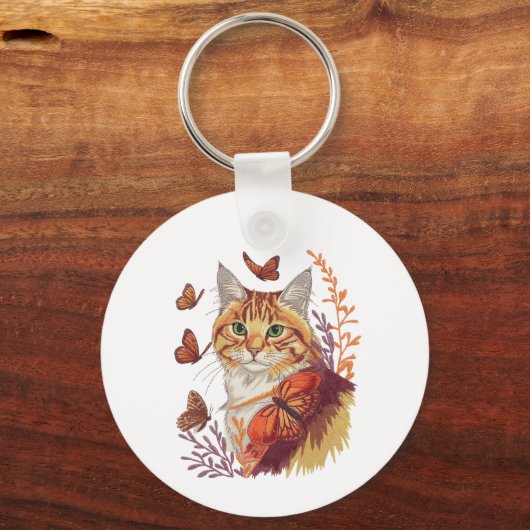 Kat met monarchvlinders sleutelhanger (Voorkant)