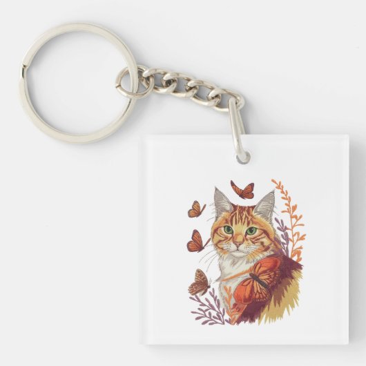 Kat met monarchvlinders sleutelhanger (voorkant)