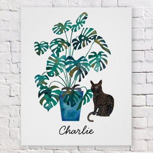 Kat met Monstera Plant Waterverf Gepersonaliseerd Perfect Poster