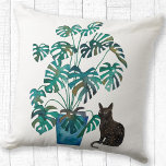 Kat met Monstera Plant Waterverf Kussen<br><div class="desc">Moderne waterverf schilderij van een kleine zwarte kat zittend bij een Monstera Deliciosa of Swiss Cheese plant in een turquoise blauwe potje. Originele kunst van Nic Squirrell. Geweldig voor liefhebbers van katten en kamerplanten.</div>