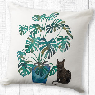 Kat met Monstera Plant Waterverf Kussen