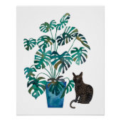 Kat met Monstera Plant Waterverf Perfect Poster (Voorkant)