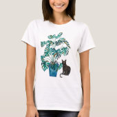Kat met Monstera Plant Waterverf T-shirt (Voorkant)