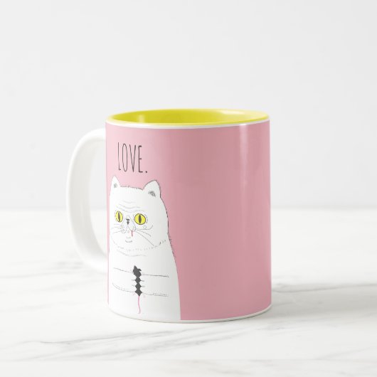 Kat met muis Blush roze LOVE Mok (Voorkant links)