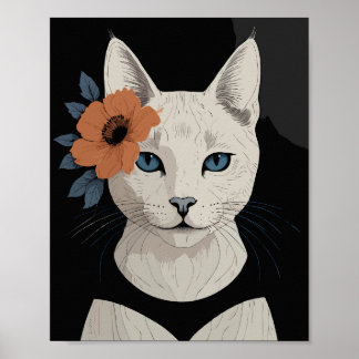Kat met oranje bloem poster