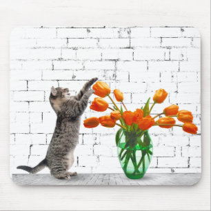 Kat met Oranje Tulip Bouquet Mousepad Muismat