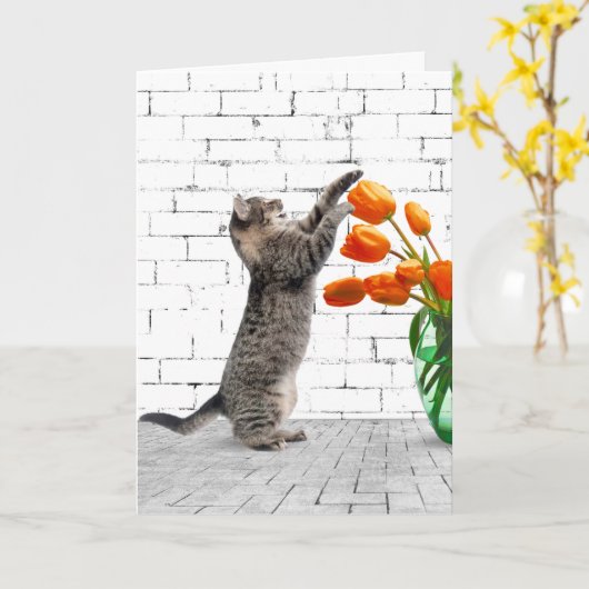 Kat met Oranje Tulpen op zaterdag Kaart (Gele Bloem)