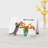 Kat met Oranje Tulpen op zaterdag Kaart (Gele Bloem)