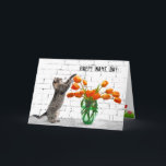 Kat met Oranje Tulps Name Day Kaart<br><div class="desc">Grijze katten spelen met oranje tulp bouquet op baksteen voor naamdag.</div>