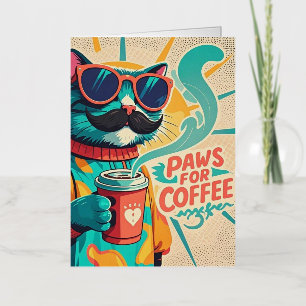 Kat met oversized zonnebril, koffie vasthoudend folie wenskaart