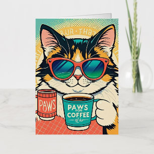 Kat met oversized zonnebril, koffie vasthoudend folie wenskaart
