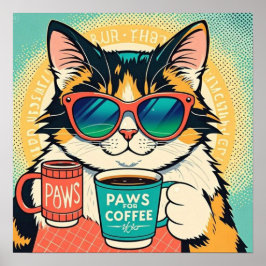 Kat met oversized zonnebril, met een kopje koffie poster