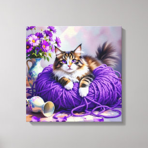Kat met paarse ogen in paarse garen en bloemen canvas afdruk