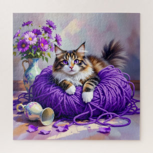 Kat met paarse ogen in paarse garen en bloemen legpuzzel