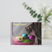 Kat met paasmandje feestdagenkaart (Staand voorkant)