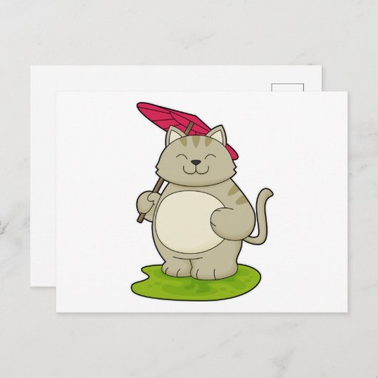 Kat met paraplu briefkaart (Voorkant / Achterkant)