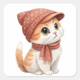 Kat met Pet en sjaal, pastelkleur Vierkante Sticker