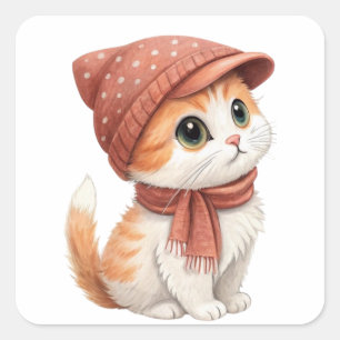Kat met Pet en sjaal, pastelkleur Vierkante Sticker