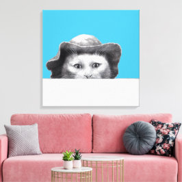 Kat met Pet (Old-School Blue) Canvas Afdruk