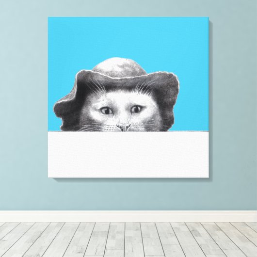 Kat met Pet (Old-School Blue) Canvas Afdruk (Insitu (Houten vloer))