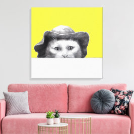 Kat met Pet (retro geel) Canvas Afdruk