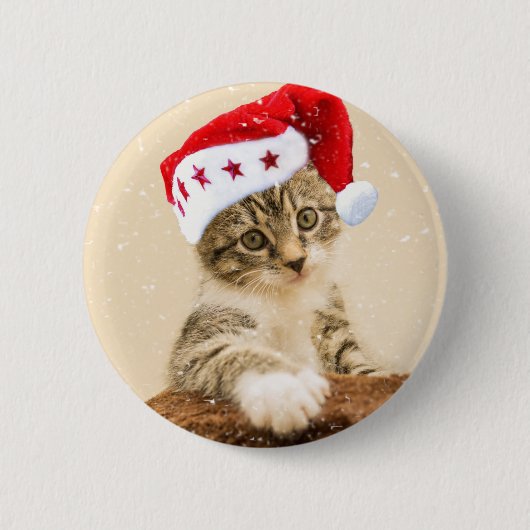 Kat met pet santa ronde button 5,7 cm (Voorkant)